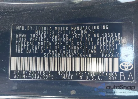 2016 Toyota Corolla Le z USA, uszkodzony, nr VIN 5YFBURHE6GP366448